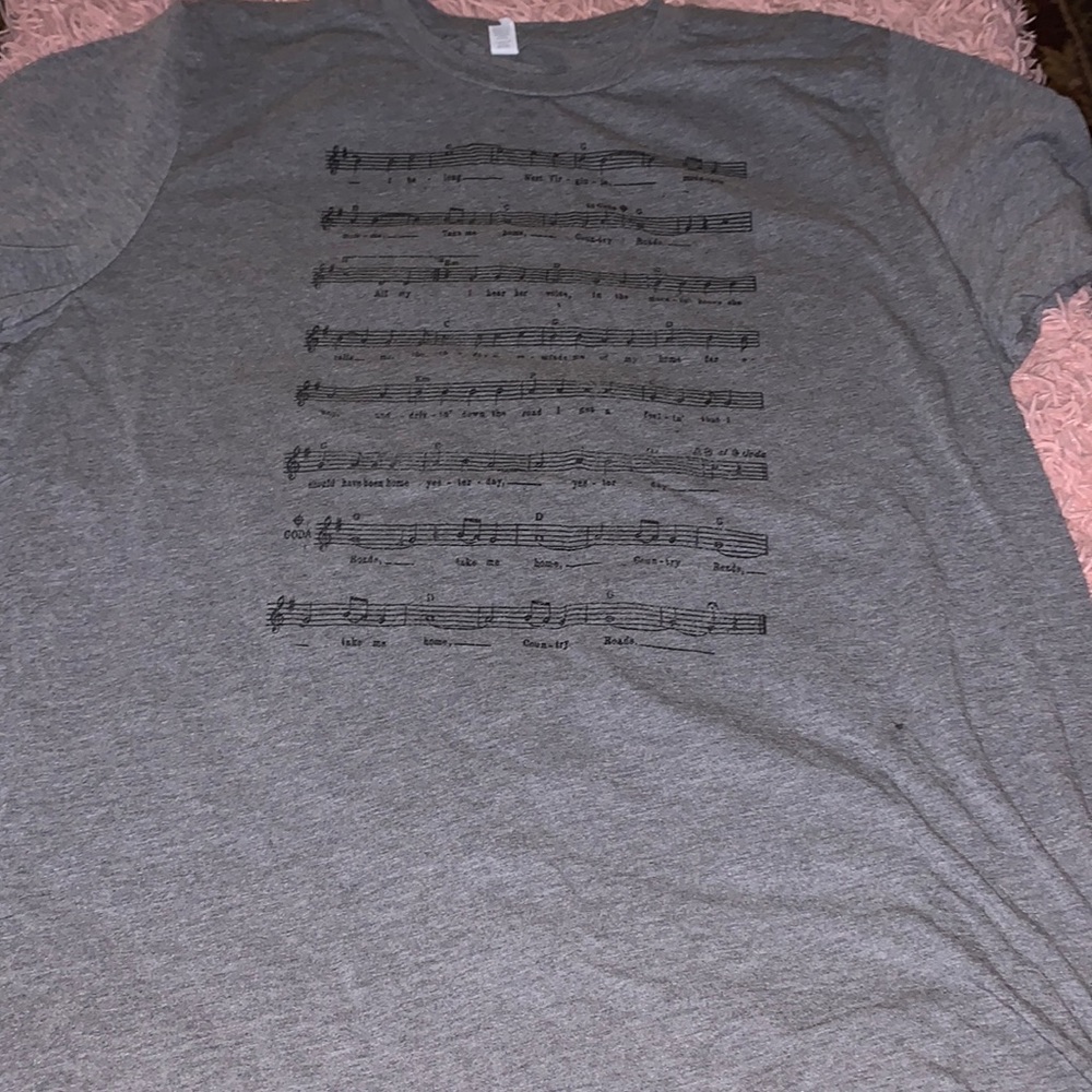 Tee shirt with the words to country roads on by it size large color gray